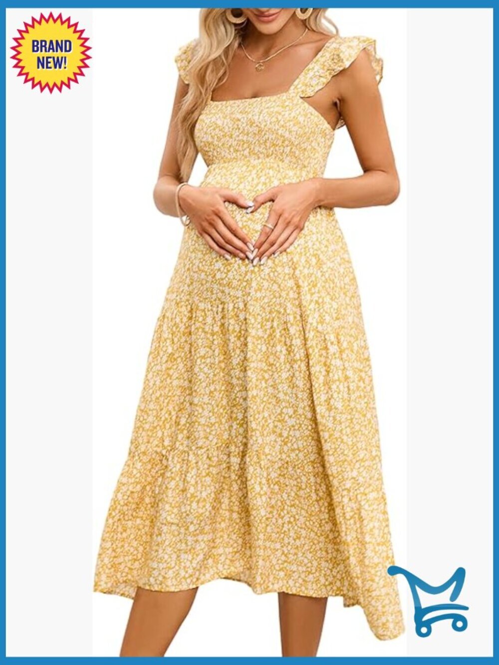 Maternity Square Neck Ruffle Strap Smocked High Waist Midi Dress Summer